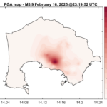 Mappa di accelerazione di picco per il terremoto M3.9 del 17 febbraio 2025 nei Campi Flegrei