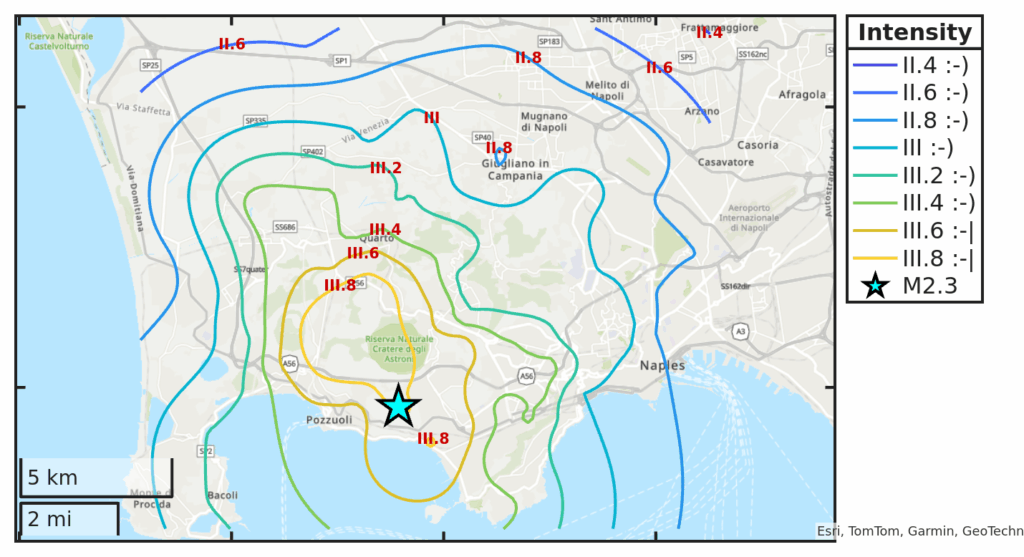 Mappa d’intensità per il sisma M2.3 avvenuto il 5/6/2025 alle 06:44:48