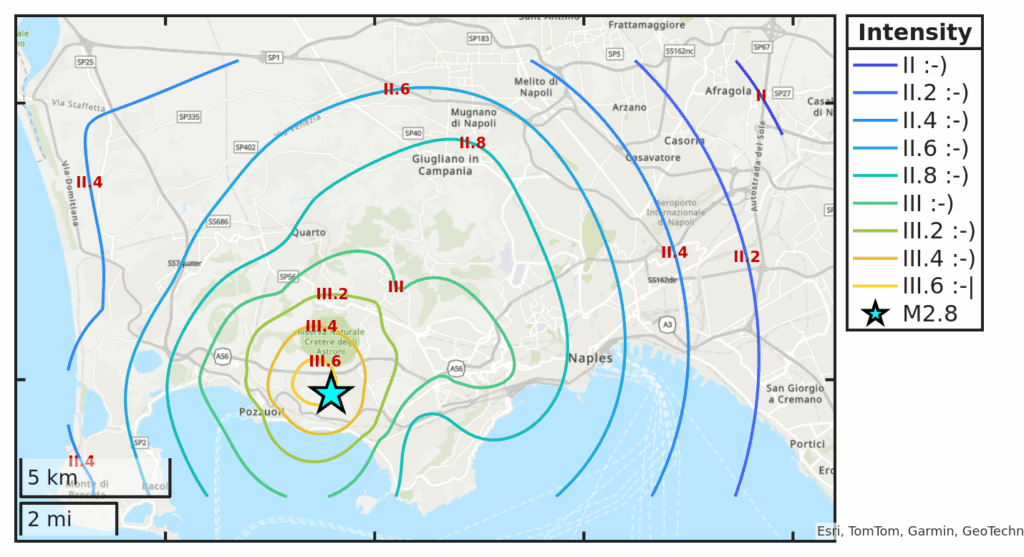 Mappa d’intensità per il sisma M2.8 avvenuto il 5/6/2025 alle 18:59:40