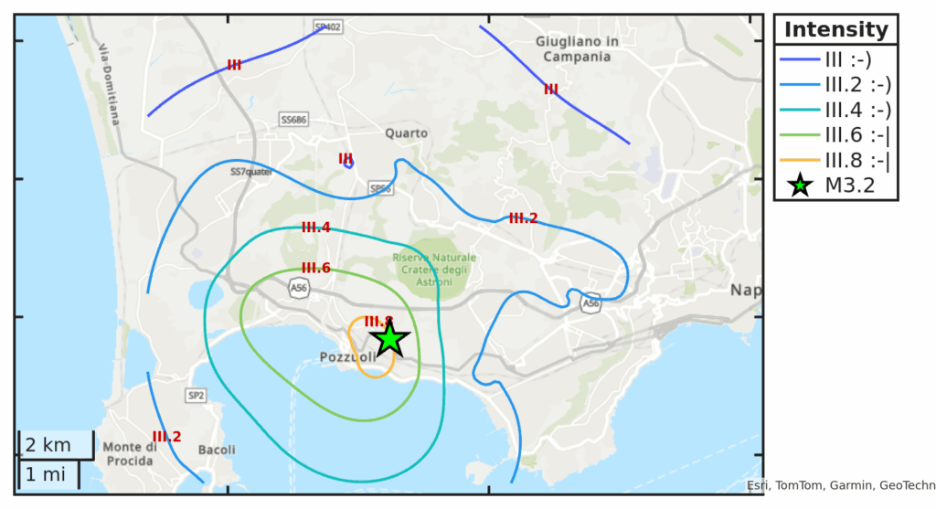 Mappa d’intensità per il sisma M3.2 avvenuto il 6/6/2025 alle 19:31:06