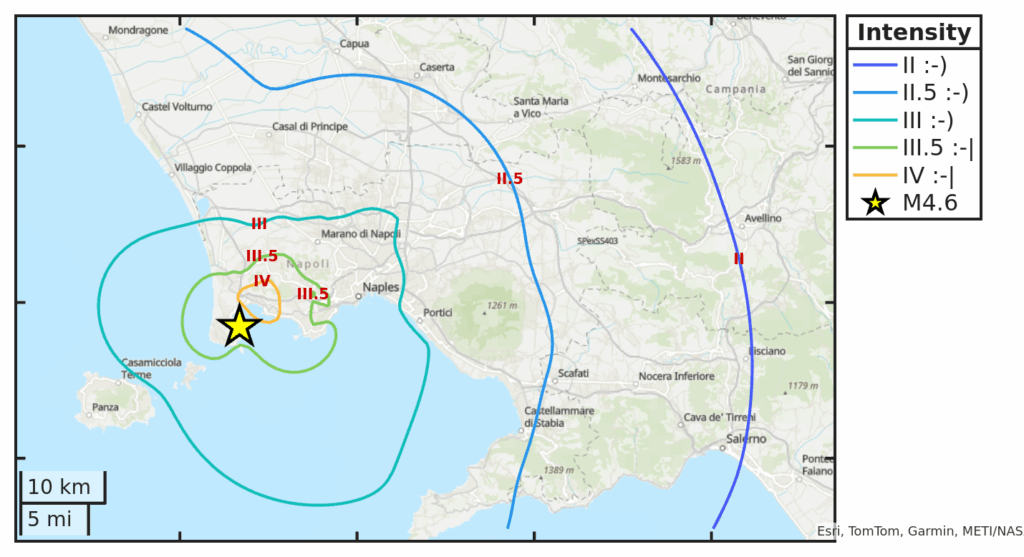 Mappa d’intensità per il sisma M4.6 avvenuto il 30/6/2025 alle 12:47:11