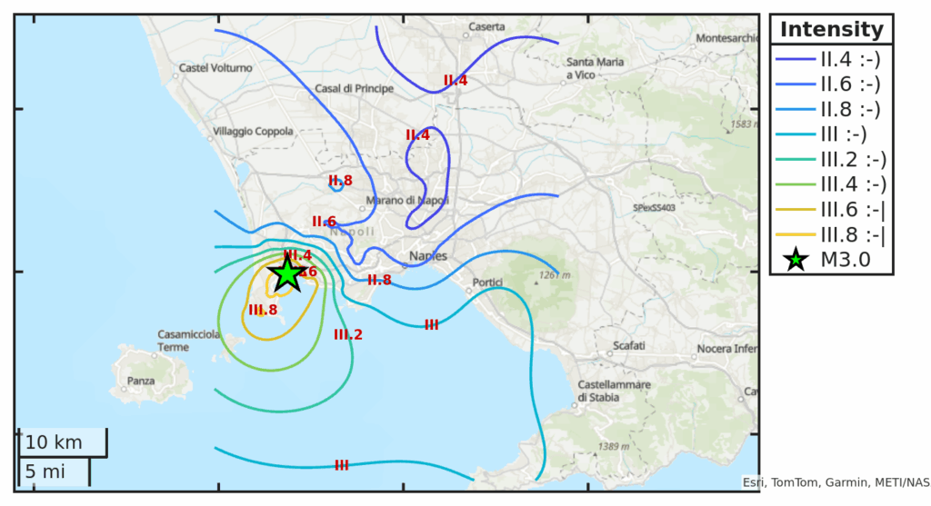 Mappa d’intensità per il sisma M3.0 avvenuto il 28/8/2025 alle 21:53:23