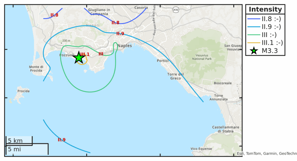 Mappa d’intensità per il sisma M3.3 avvenuto il 31/8/2025 alle 16:36:41