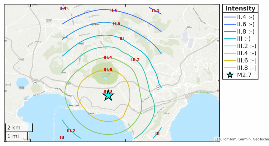 Mappa d’intensità per il sisma M2.7 avvenuto l’1/9/2025 alle 10:24:22
