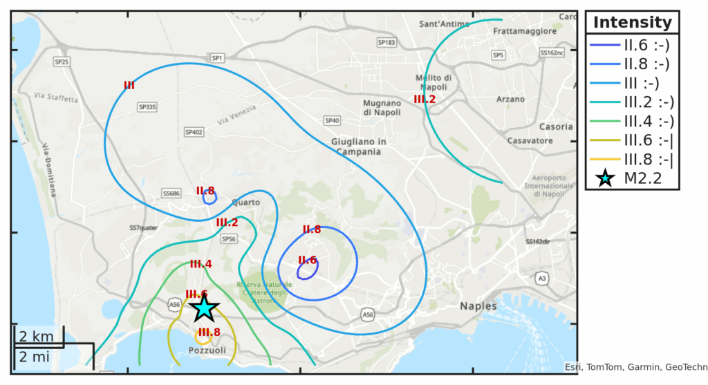 Mappa d’intensità per il sisma M2.2 avvenuto il 3/10/2025 alle 05:11:24
