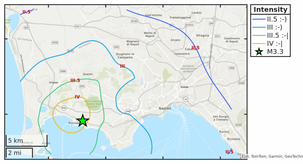 Mappa d’intensità per il sisma M3.3 avvenuto il 5/10/2025 alle 00:50:25