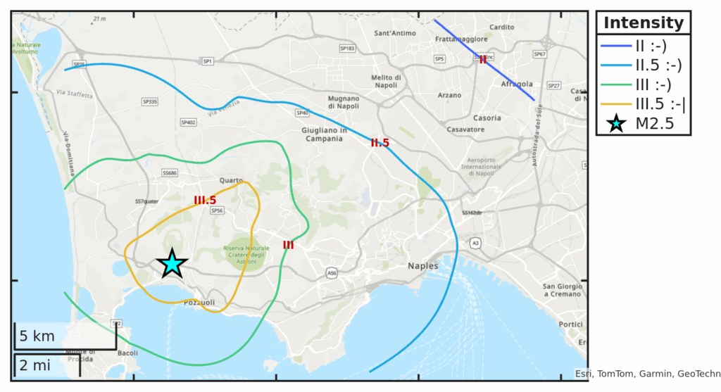 Mappa d’intensità per il sisma M2.5 avvenuto il 17/10/2025 alle 23:15:16