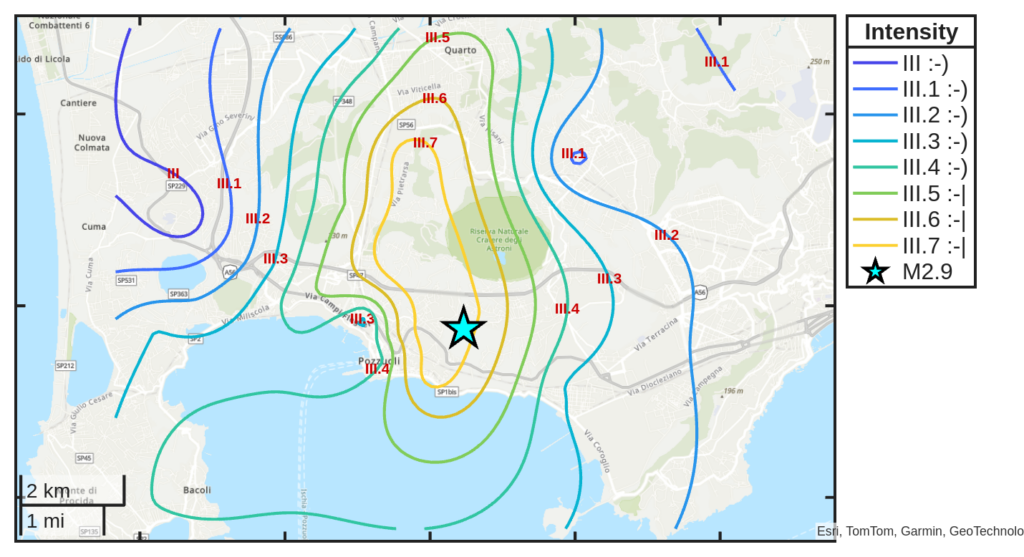 Mappa d’intensità per il sisma M2.9 avvenuto il 5/1/2026 alle 13:54:22