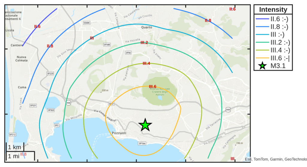 Mappa d’intensità per il sisma M3.1 avvenuto il 6/1/2026 alle 03:23:02