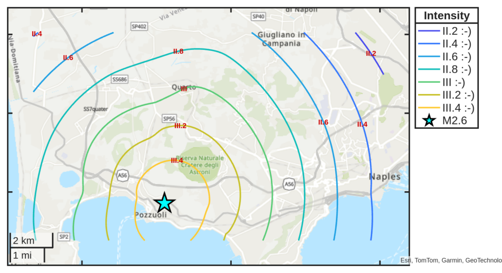 Mappa d’intensità per il sisma M2.6 avvenuto il 8/1/2026 alle 17:44:08